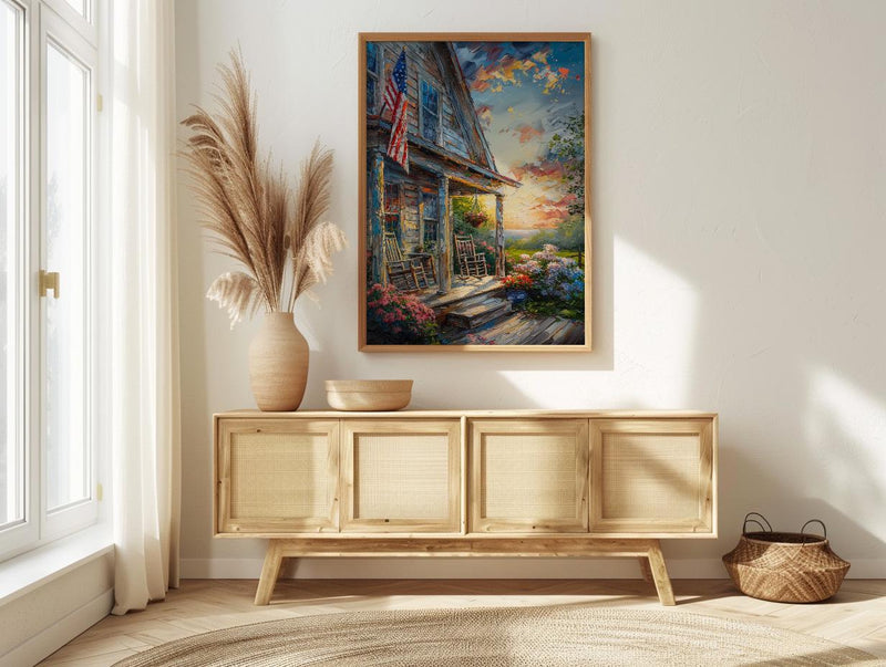 Americana Porch Poster, Vintage Summer Decor - Patriotic Hydrangea Art