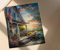 Americana Porch Poster, Vintage Summer Decor - Patriotic Hydrangea Art