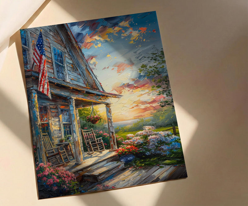 Americana Porch Poster, Vintage Summer Decor - Patriotic Hydrangea Art
