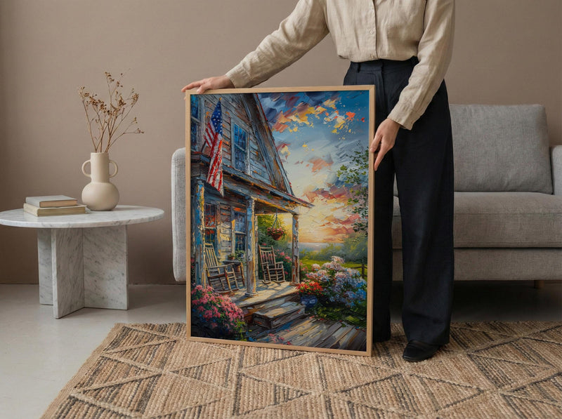 Americana Porch Poster, Vintage Summer Decor - Patriotic Hydrangea Art