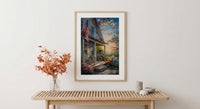 Americana Porch Poster, Vintage Summer Decor - Patriotic Hydrangea Art
