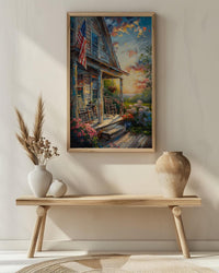Americana Porch Poster, Vintage Summer Decor - Patriotic Hydrangea Art