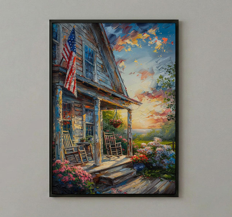 Americana Porch Poster, Vintage Summer Decor - Patriotic Hydrangea Art