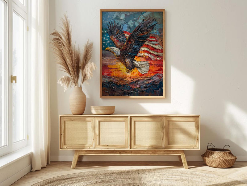 Bald Eagle Sunrise Art Print, Patriotic Mountain Decor - American Flag Poster