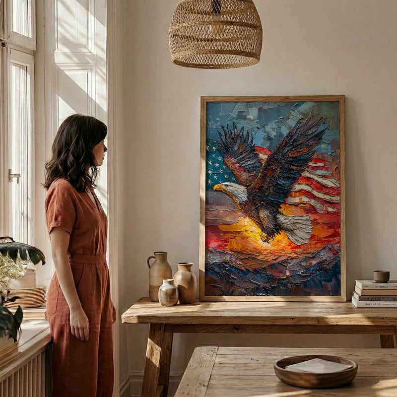 Bald Eagle Sunrise Art Print, Patriotic Mountain Decor - American Flag Poster