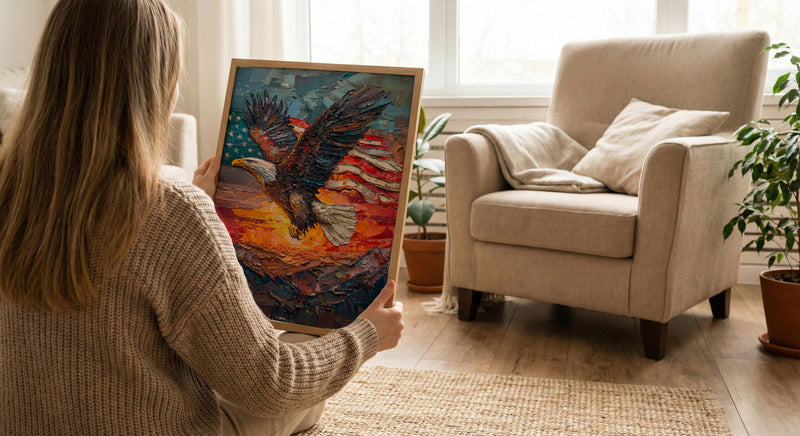Bald Eagle Sunrise Art Print, Patriotic Mountain Decor - American Flag Poster