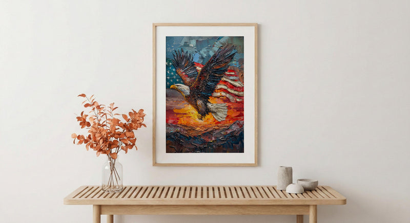 Bald Eagle Sunrise Art Print, Patriotic Mountain Decor - American Flag Poster