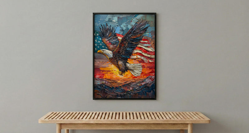Bald Eagle Sunrise Art Print, Patriotic Mountain Decor - American Flag Poster