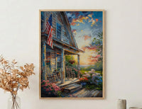Americana Porch Poster, Vintage Summer Decor - Patriotic Hydrangea Art