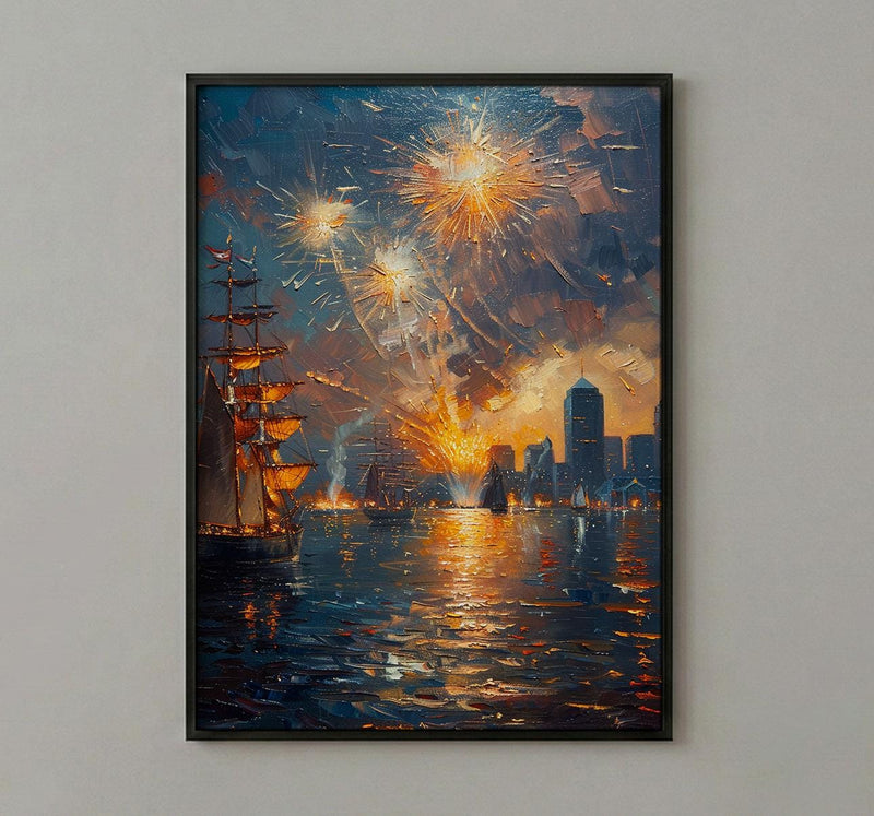 Boston Skyline Fireworks Poster, 4th of July Harbor Wall Decor - Patriotic City Art