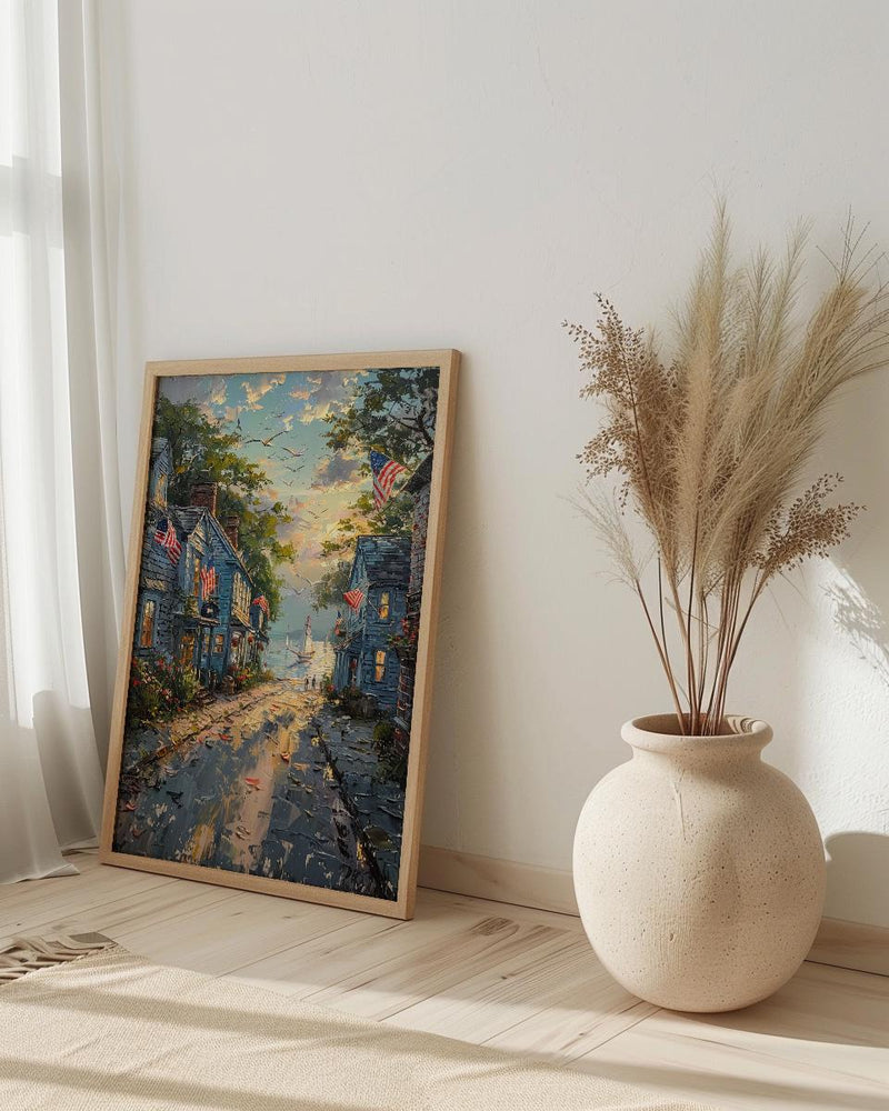 Americana Main Street Art Print, 4th of July Decor - Small Town Flag Poster