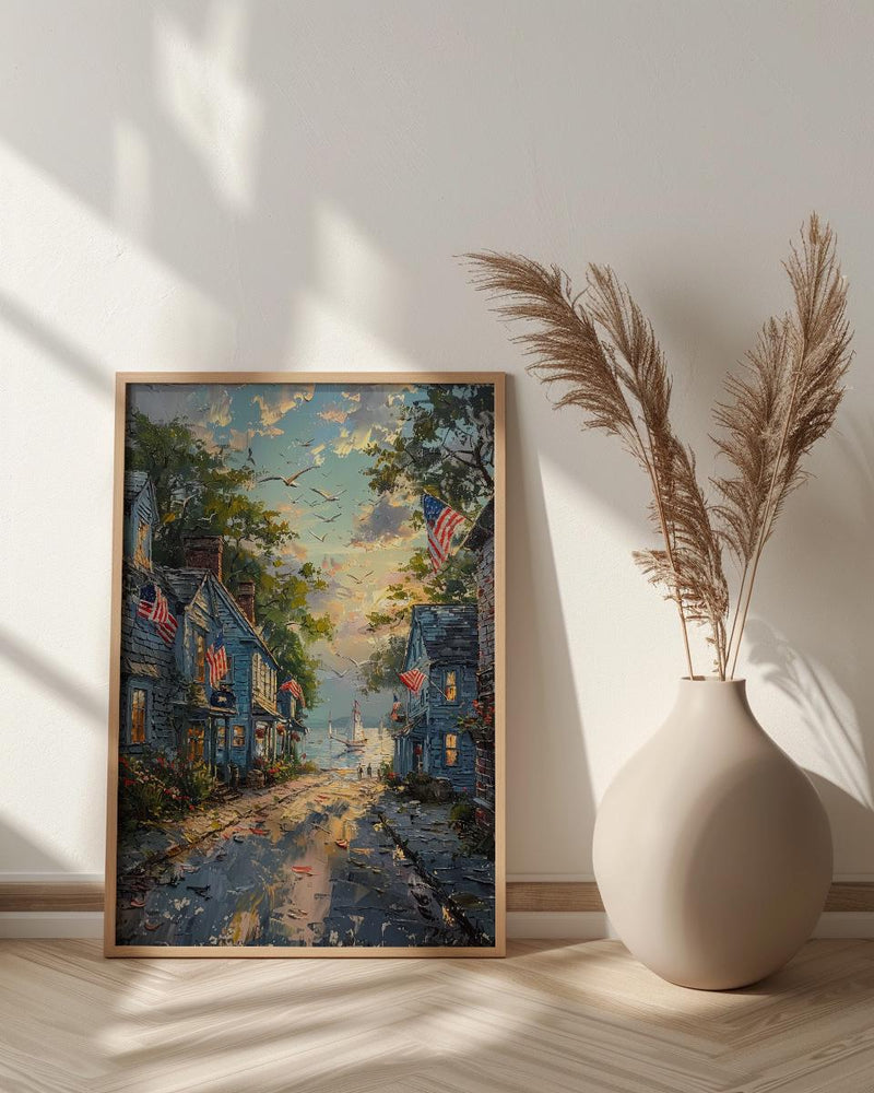 Americana Main Street Art Print, 4th of July Decor - Small Town Flag Poster