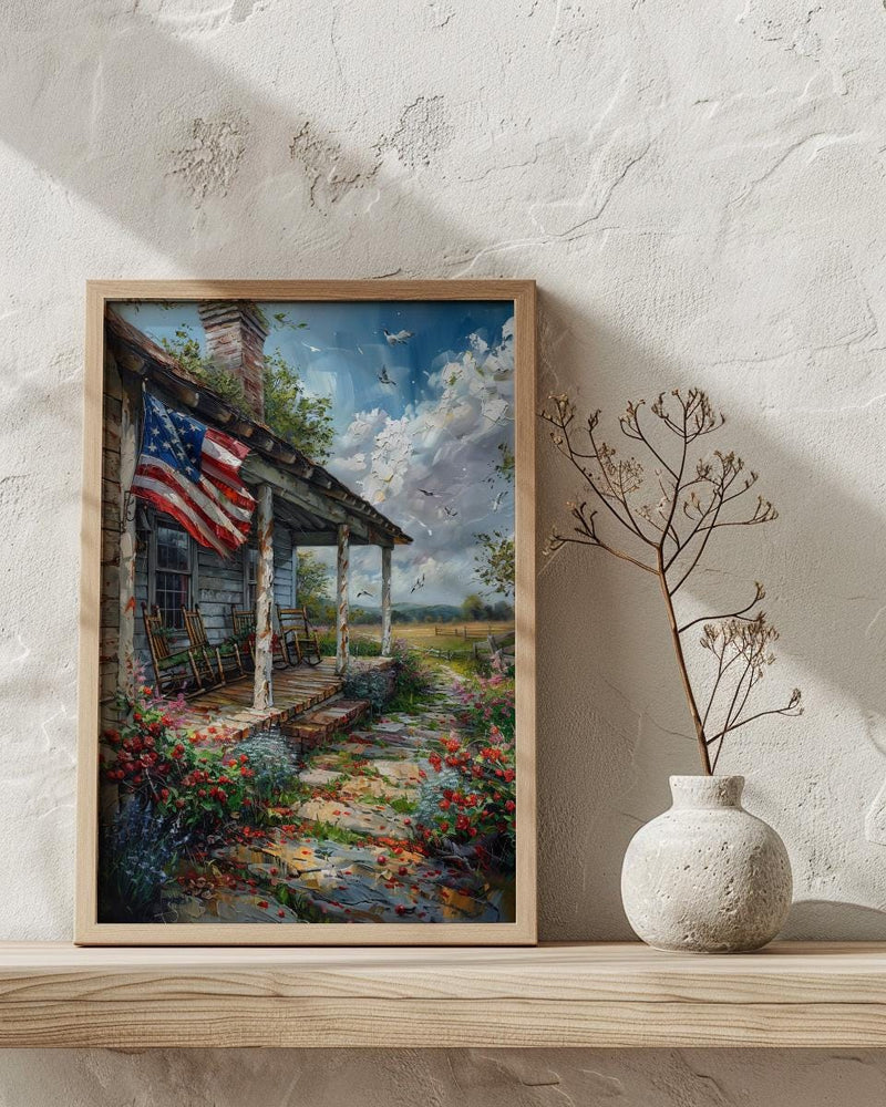 White Farmhouse Porch Art Print, Country Americana Wall Decor - Patriotic Home Poster