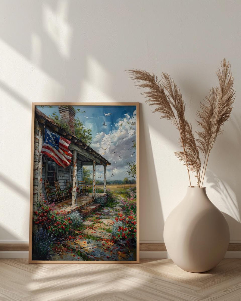 White Farmhouse Porch Art Print, Country Americana Wall Decor - Patriotic Home Poster