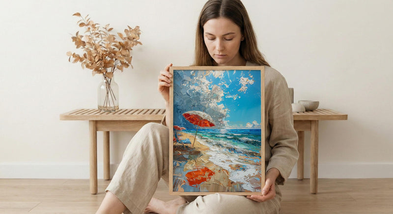 Summer Beach Art Print, Patriotic Coastal Wall Decor - Red White Blue Ocean Art