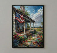 White Farmhouse Porch Art Print, Country Americana Wall Decor - Patriotic Home Poster