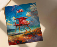 Lifeguard Stand Wall Art, Florida Beach Decor - Patriotic Ocean Print