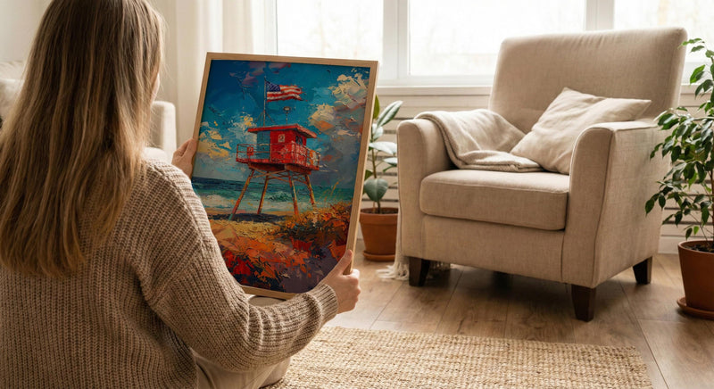 Lifeguard Stand Wall Art, Florida Beach Decor - Patriotic Ocean Print