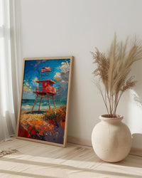 Lifeguard Stand Wall Art, Florida Beach Decor - Patriotic Ocean Print