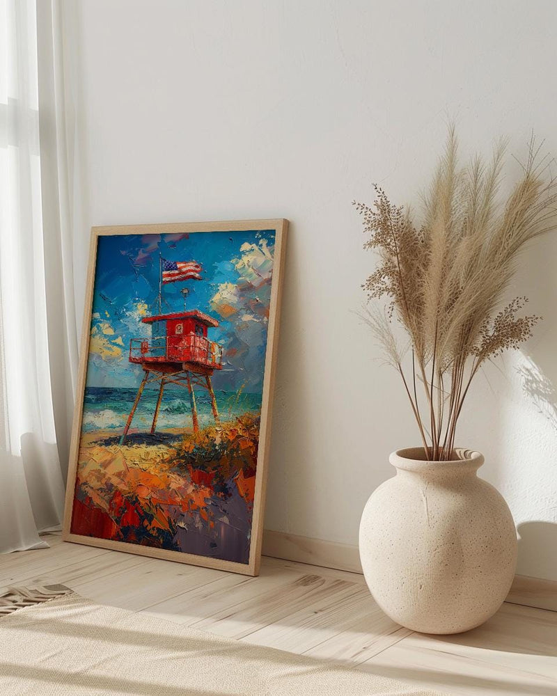 Lifeguard Stand Wall Art, Florida Beach Decor - Patriotic Ocean Print