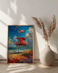 Lifeguard Stand Wall Art, Florida Beach Decor - Patriotic Ocean Print