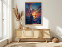 Sailboat Racing Art Print, Nautical Patriotic Decor - Ocean Sunset Poster