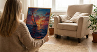 Sailboat Racing Art Print, Nautical Patriotic Decor - Ocean Sunset Poster