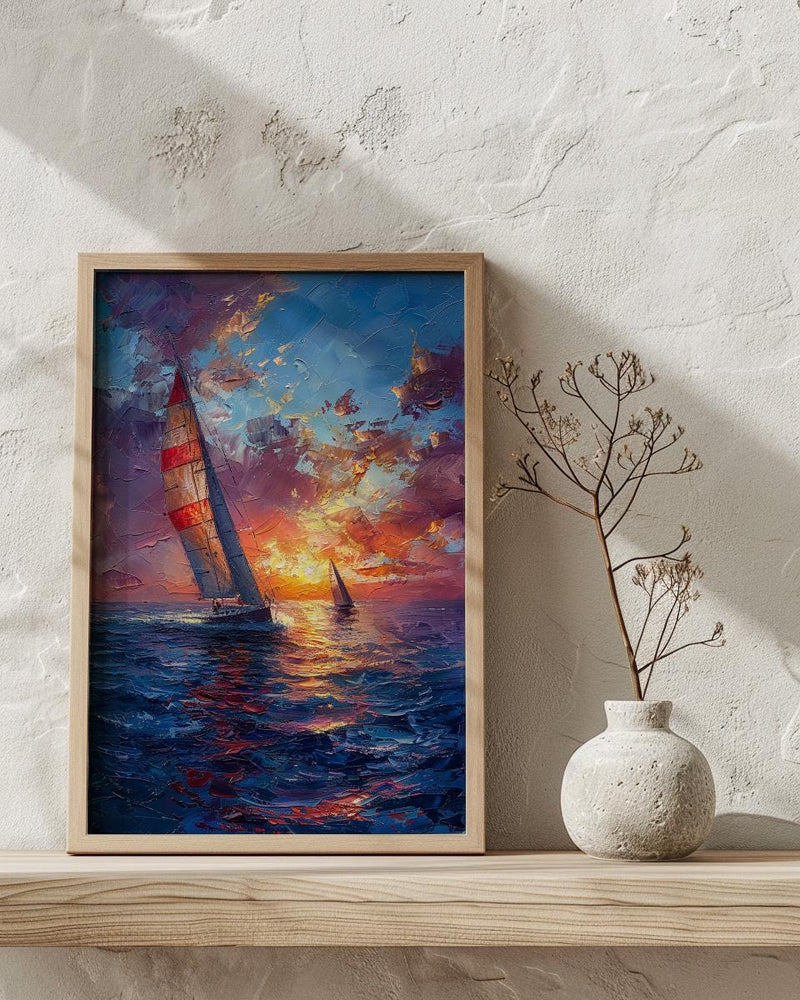 Sailboat Racing Art Print, Nautical Patriotic Decor - Ocean Sunset Poster