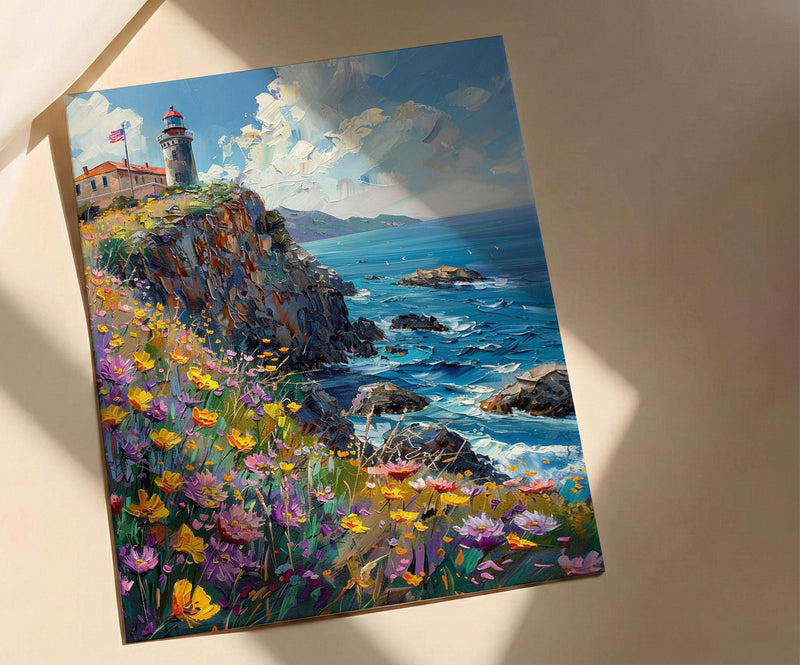 California Lighthouse Wall Art, Coastal Americana Decor - Patriotic Ocean Print