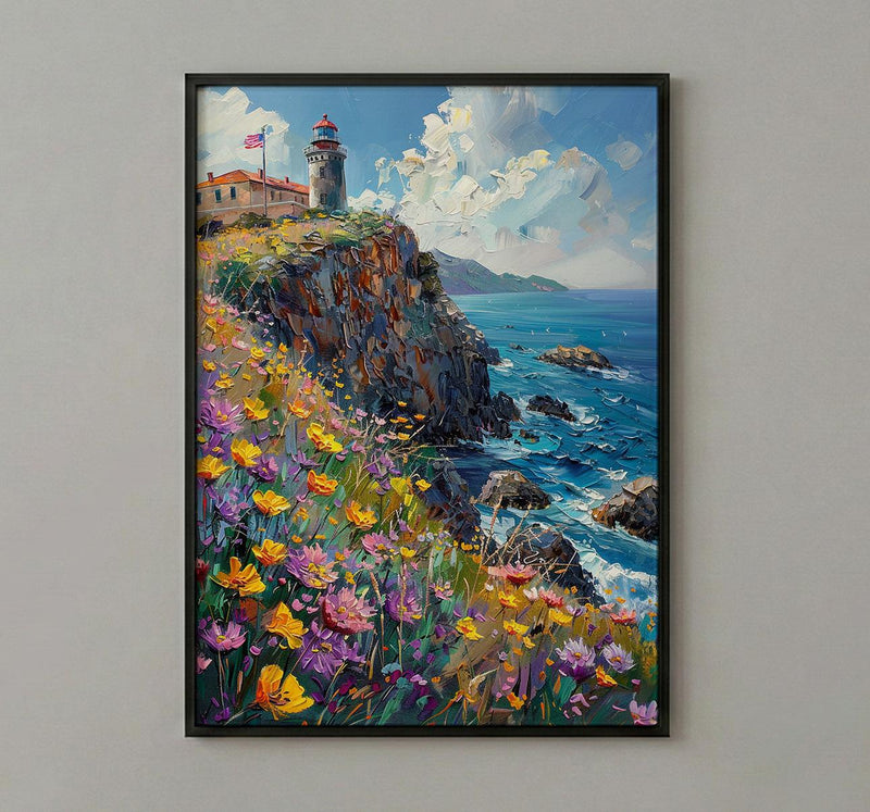 California Lighthouse Wall Art, Coastal Americana Decor - Patriotic Ocean Print