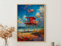 Lifeguard Stand Wall Art, Florida Beach Decor - Patriotic Ocean Print