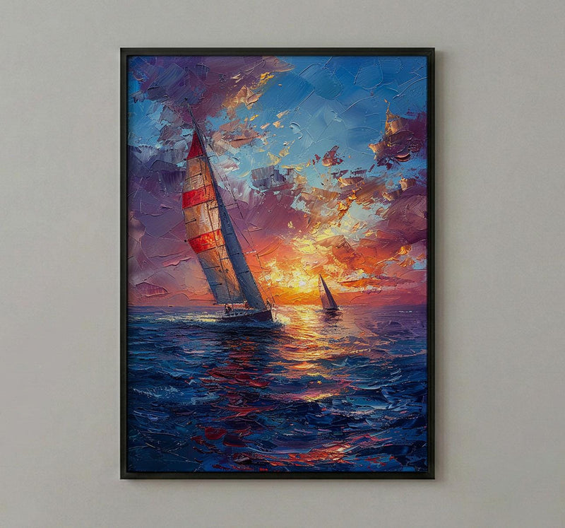 Sailboat Racing Art Print, Nautical Patriotic Decor - Ocean Sunset Poster