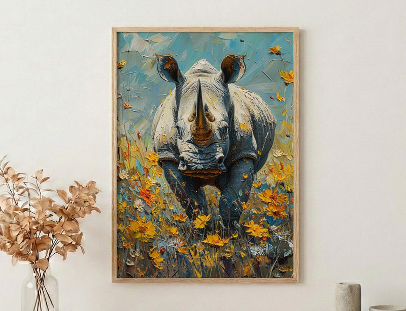 African Rhino Art Print, Blooming Meadow Decor - Summer Floral Landscape
