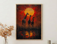 Giraffe Sunset Art Print, African Savanna Decor - Golden Grass Landscape