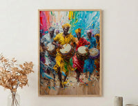 African Festival Drummers Wall Art, Colorful Summer Decor - Energetic Djembe Print