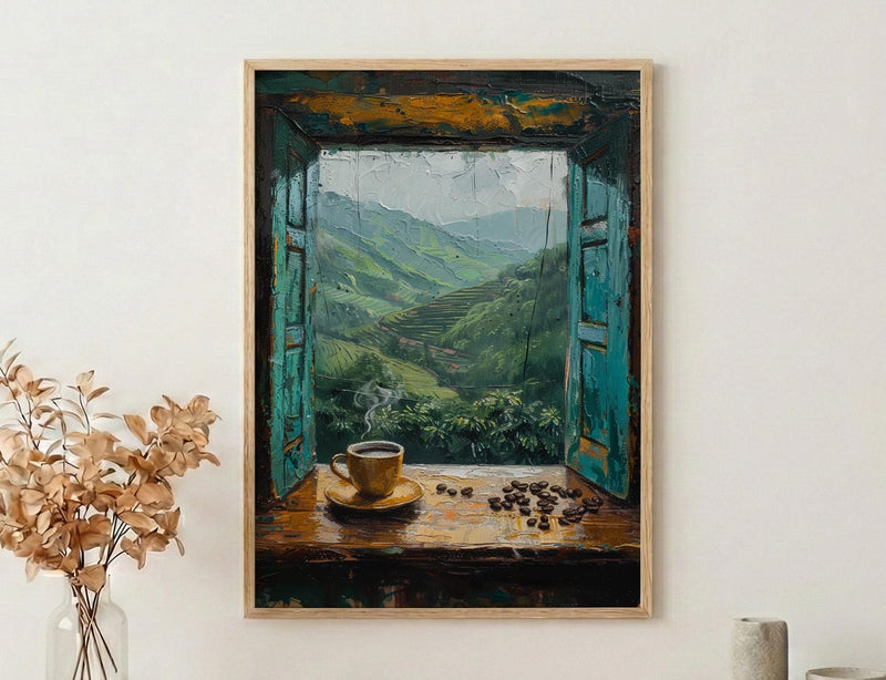 Colombia Window Wall Art, Coffee Farm Decor - Misty Mountain Landscape