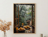 Monsoon Garden Poster, Rainy Window Decor - India Samosa Snack Art