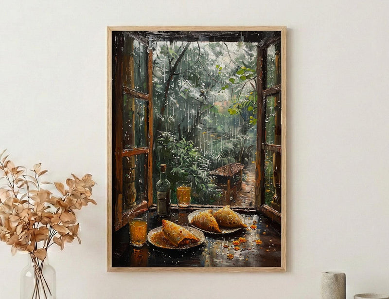 Monsoon Garden Poster, Rainy Window Decor - India Samosa Snack Art