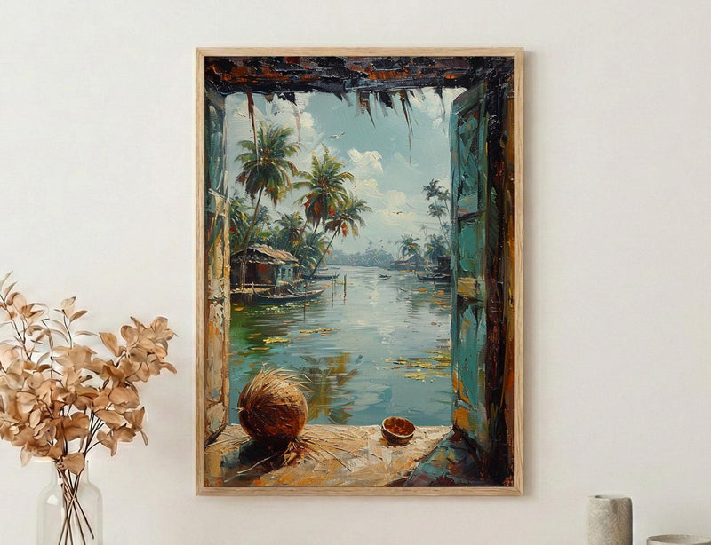 Kerala Window Poster, Tropical Jungle Decor - Backwaters Coconut Art