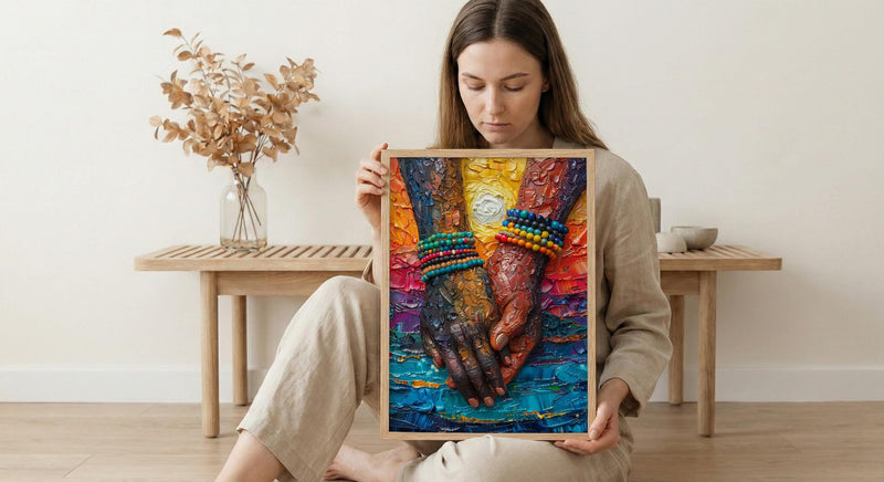 Black Love Art, Holding Hands Print, African Sunset, Impasto Oil Painting, Romantic Couple Gift, Beads Detail, Warm Wall Decor