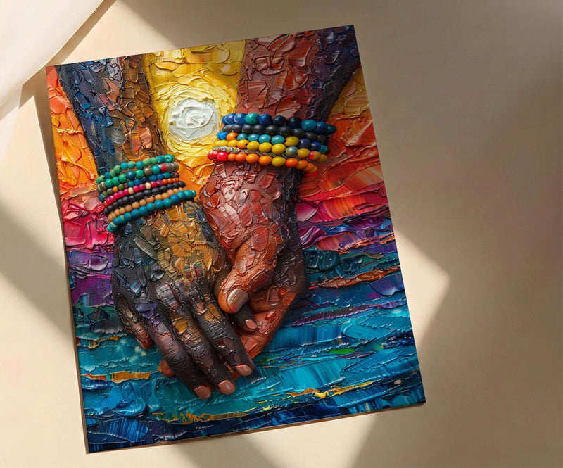 Black Love Art, Holding Hands Print, African Sunset, Impasto Oil Painting, Romantic Couple Gift, Beads Detail, Warm Wall Decor
