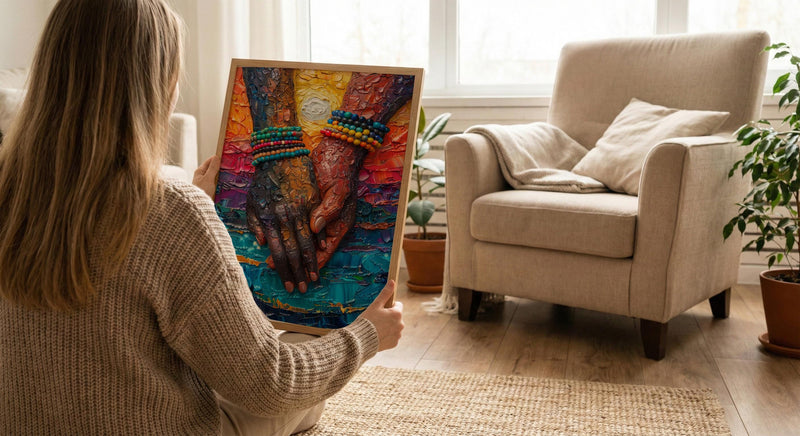 Black Love Art, Holding Hands Print, African Sunset, Impasto Oil Painting, Romantic Couple Gift, Beads Detail, Warm Wall Decor