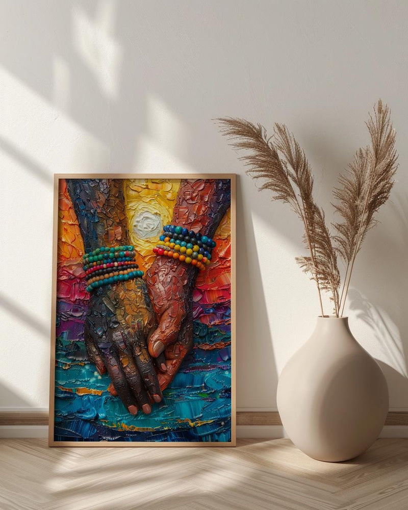Black Love Art, Holding Hands Print, African Sunset, Impasto Oil Painting, Romantic Couple Gift, Beads Detail, Warm Wall Decor
