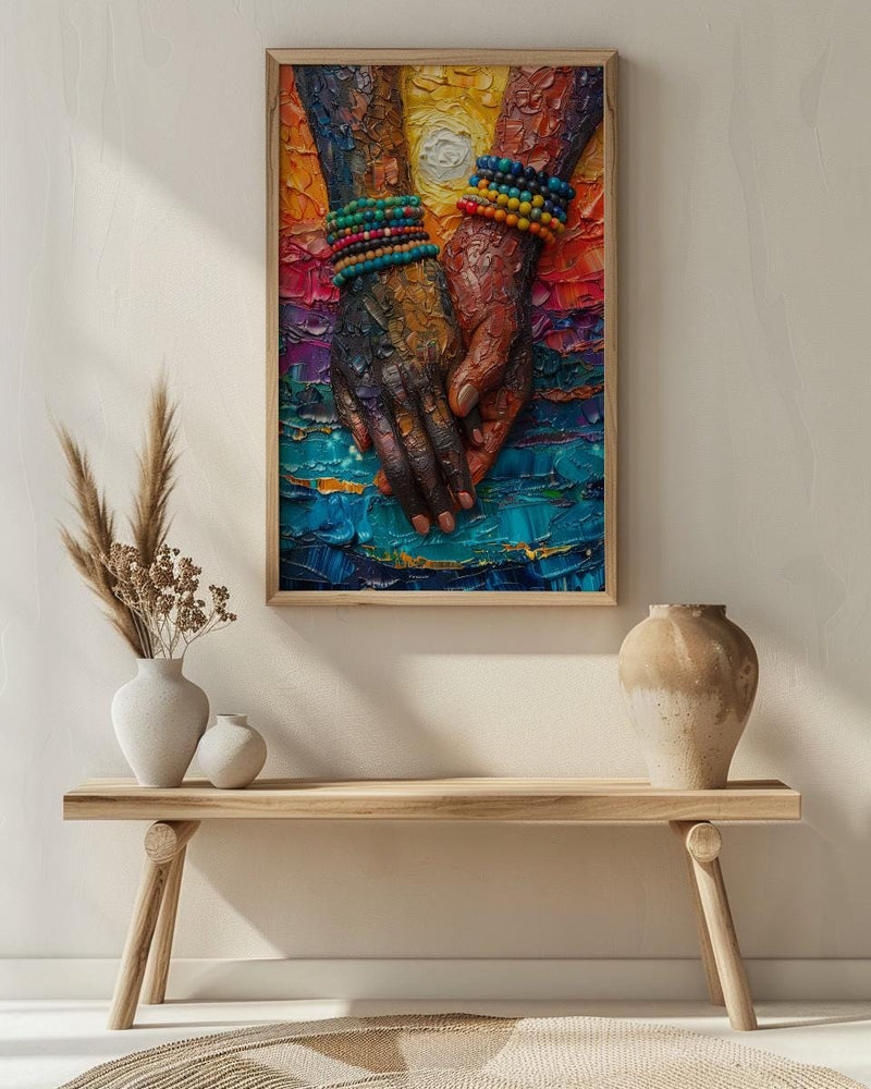 Black Love Art, Holding Hands Print, African Sunset, Impasto Oil Painting, Romantic Couple Gift, Beads Detail, Warm Wall Decor