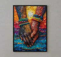 Black Love Art, Holding Hands Print, African Sunset, Impasto Oil Painting, Romantic Couple Gift, Beads Detail, Warm Wall Decor
