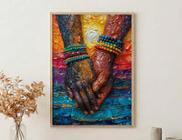 Black Love Art, Holding Hands Print, African Sunset, Impasto Oil Painting, Romantic Couple Gift, Beads Detail, Warm Wall Decor