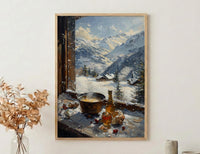 Switzerland Window Art Print, Alps Mountain Decor - Cheese Fondue Landscape