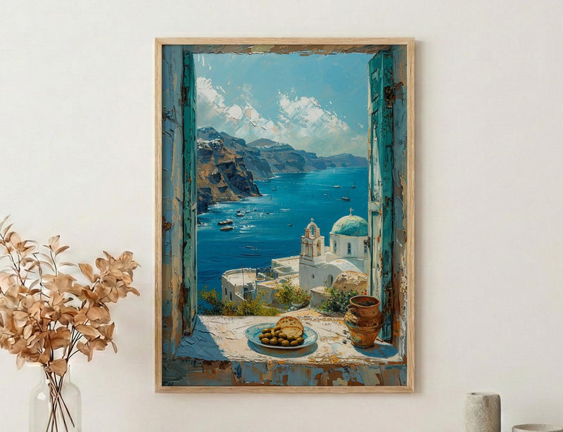 Santorini Window Art Print, Blue Dome Decor - Aegean Sea Greek Landscape