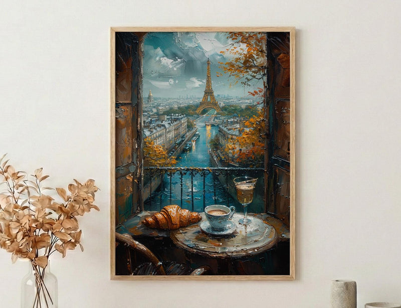 Paris Window Art Print, Eiffel Tower Decor - Croissant Cafe Landscape