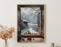 Korea Window Wall Art, Hanok Village Decor - Winter Snowy Tea Set